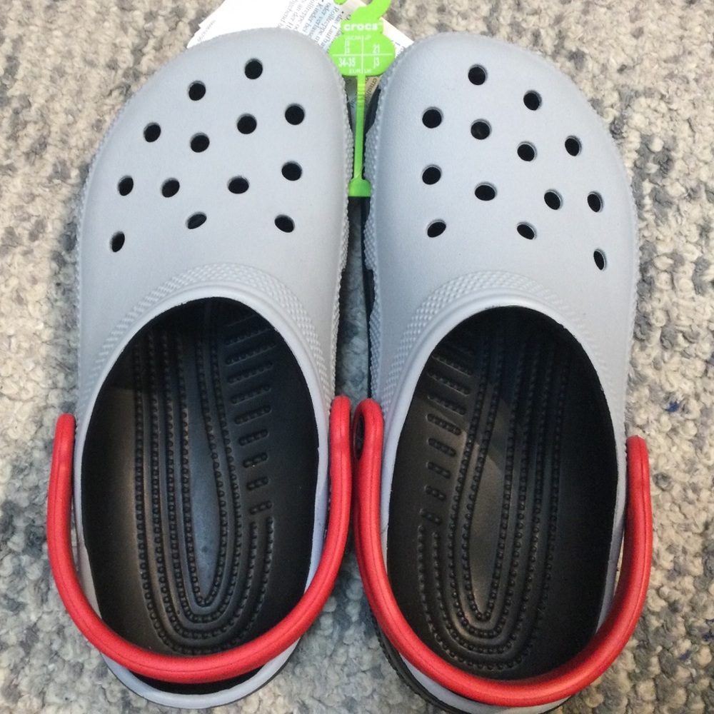 Crocs grey red and black